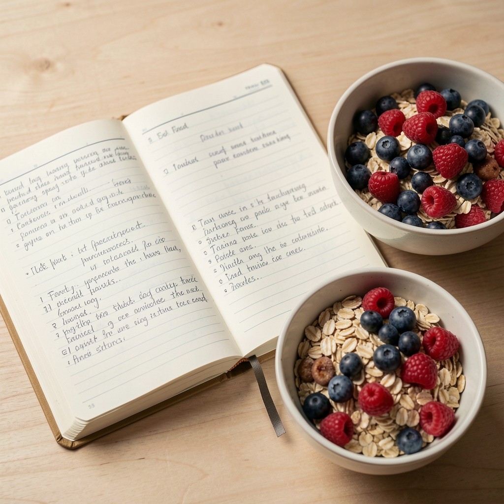 Assorted whole grains in small bowls — oats, pearl barley, brown rice and spelt — arranged on a dark wooden board