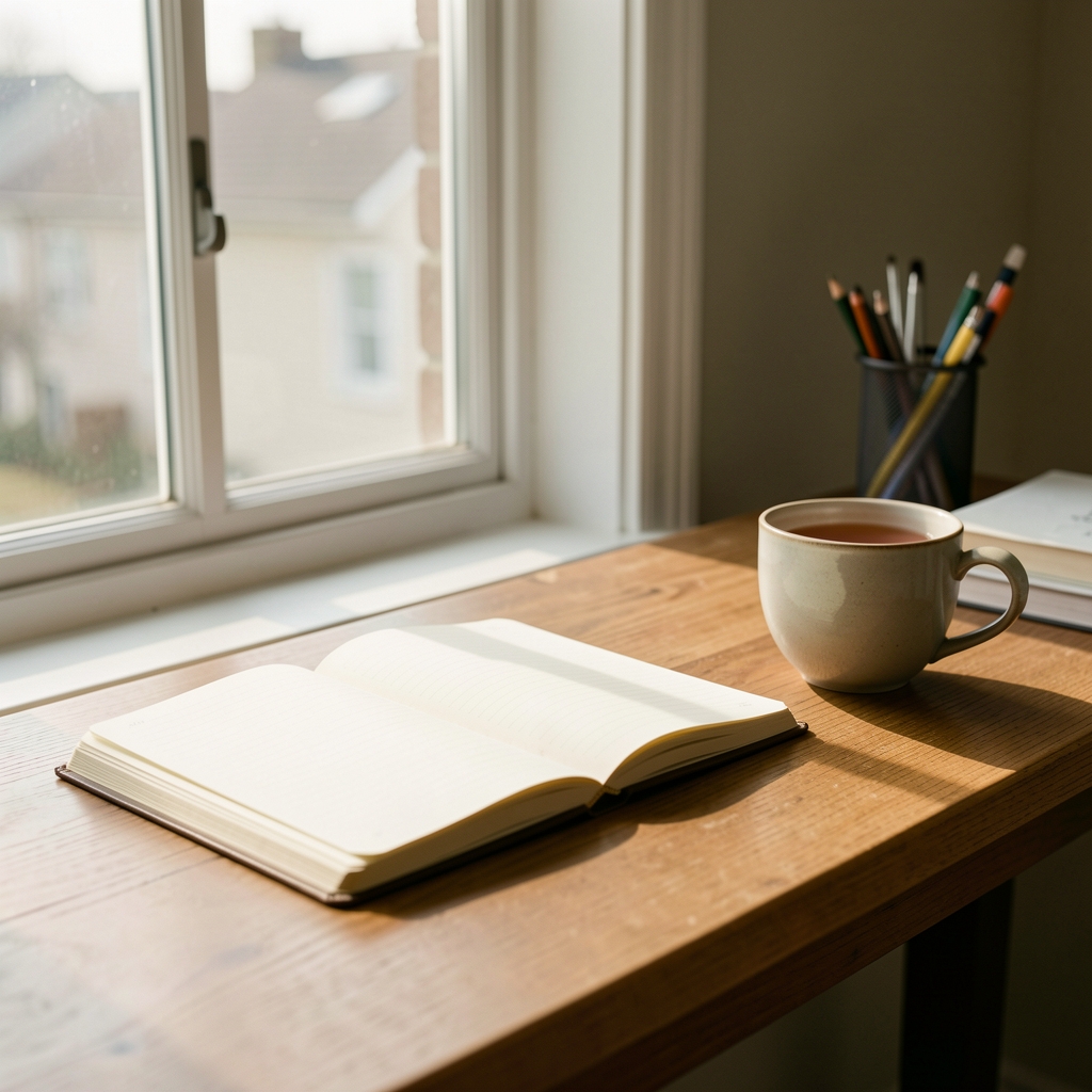 Open notebook on a desk beside a window, morning editorial workspace with natural light and a cup of tea